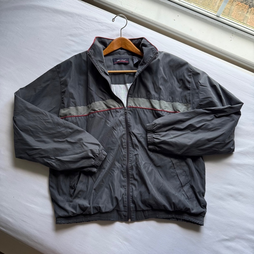 On Line Mens Vintage Windbreaker Jacket Gray Herringbone Full Zip Large 90s VTG